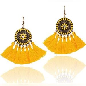 NEW Boho Tassel Rhinestone Dangle Hook Earrings - Yellow